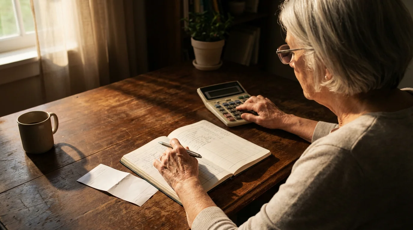 Over-the-shoulder view of a senior woman at a desk with a ledger and calculator.