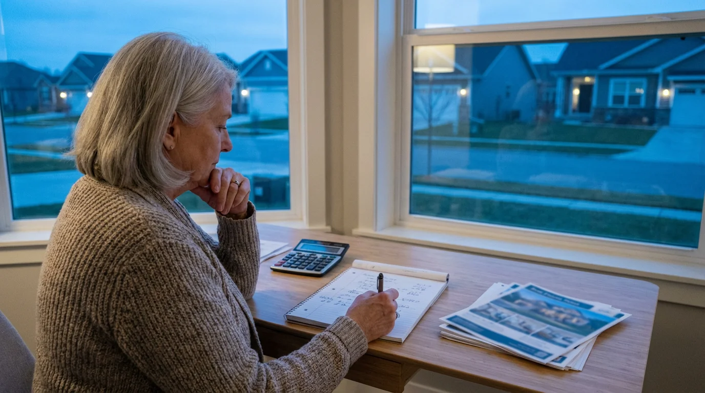 Over-the-shoulder view of a senior woman at a desk budgeting for retirement housing at dusk.