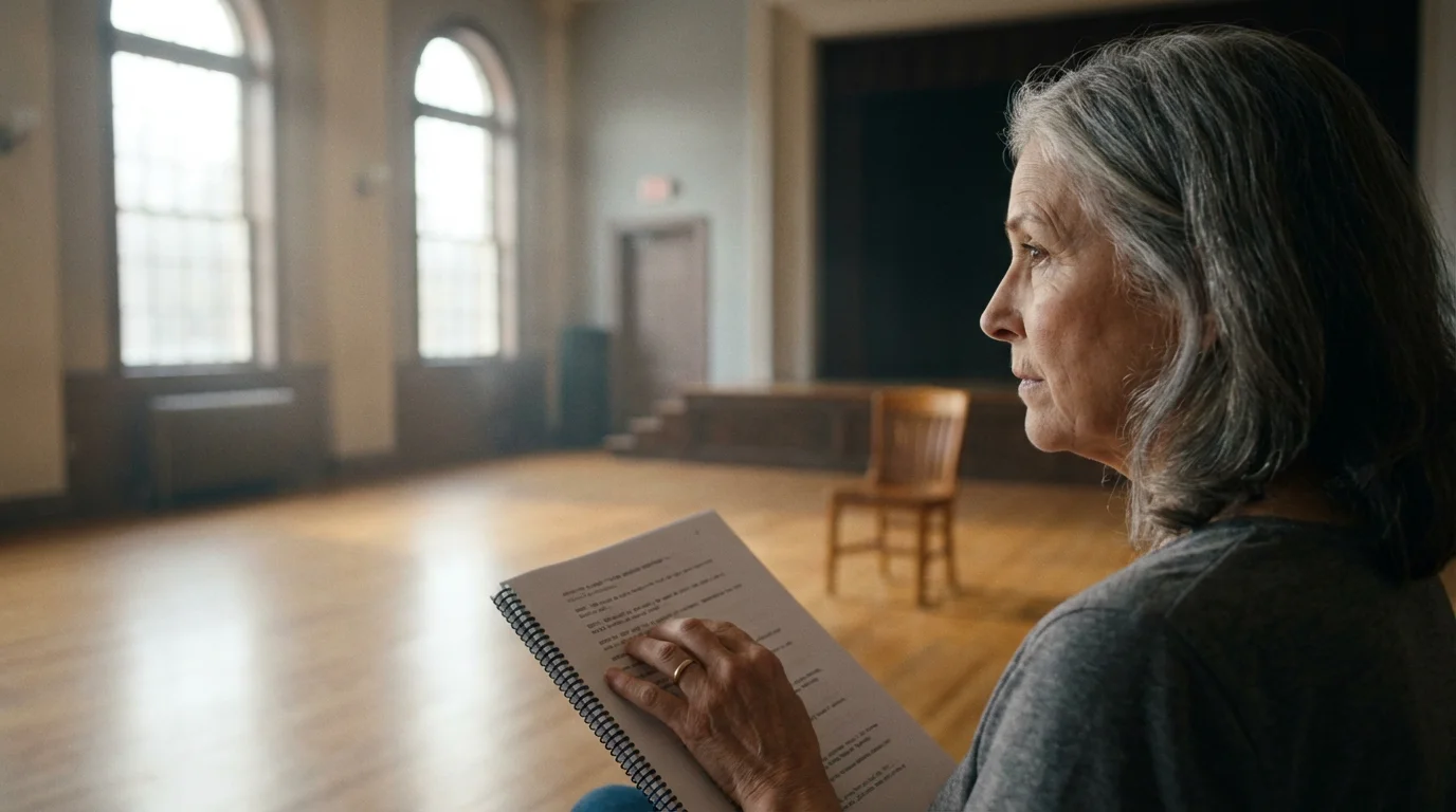 Over-the-shoulder view of a senior woman holding a script in a sunlit theater.