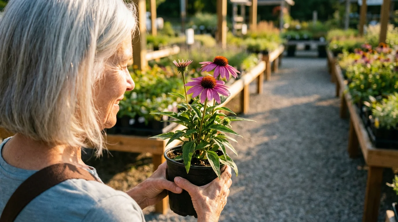 Over-the-shoulder view of a senior woman selecting a potted flowering plant at a nursery.