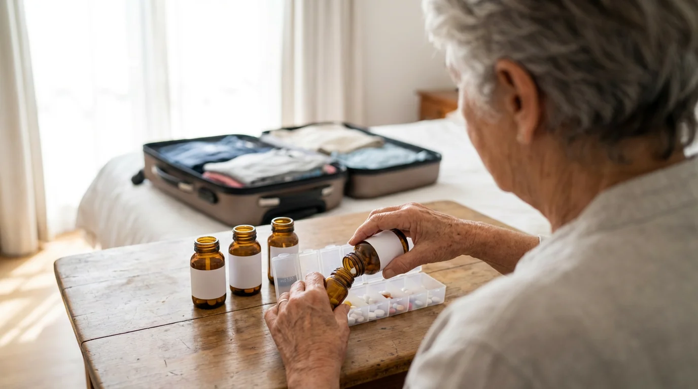 Over-the-shoulder view of a senior woman organizing medications into a pill planner for travel.
