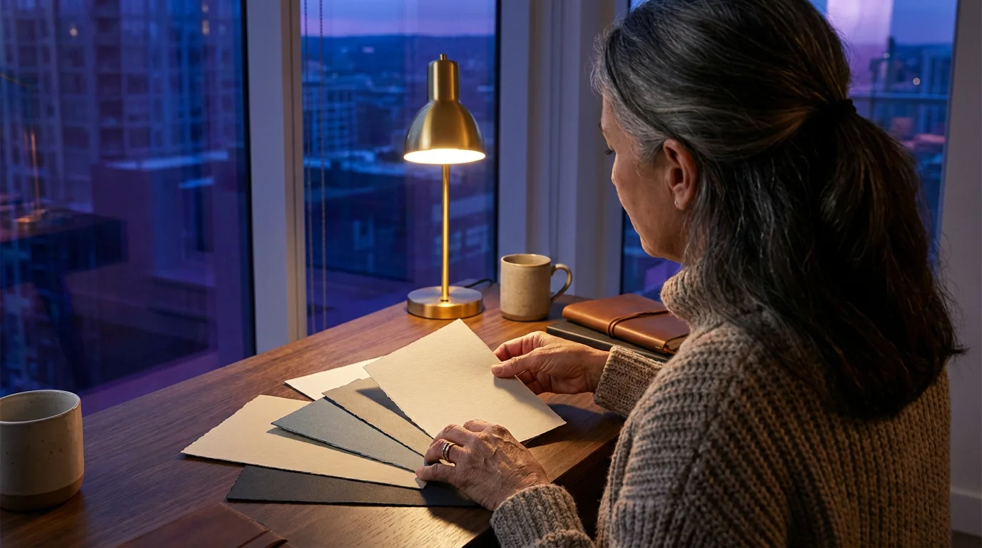 Over-the-shoulder view of a senior woman organizing different blank cards on her desk.