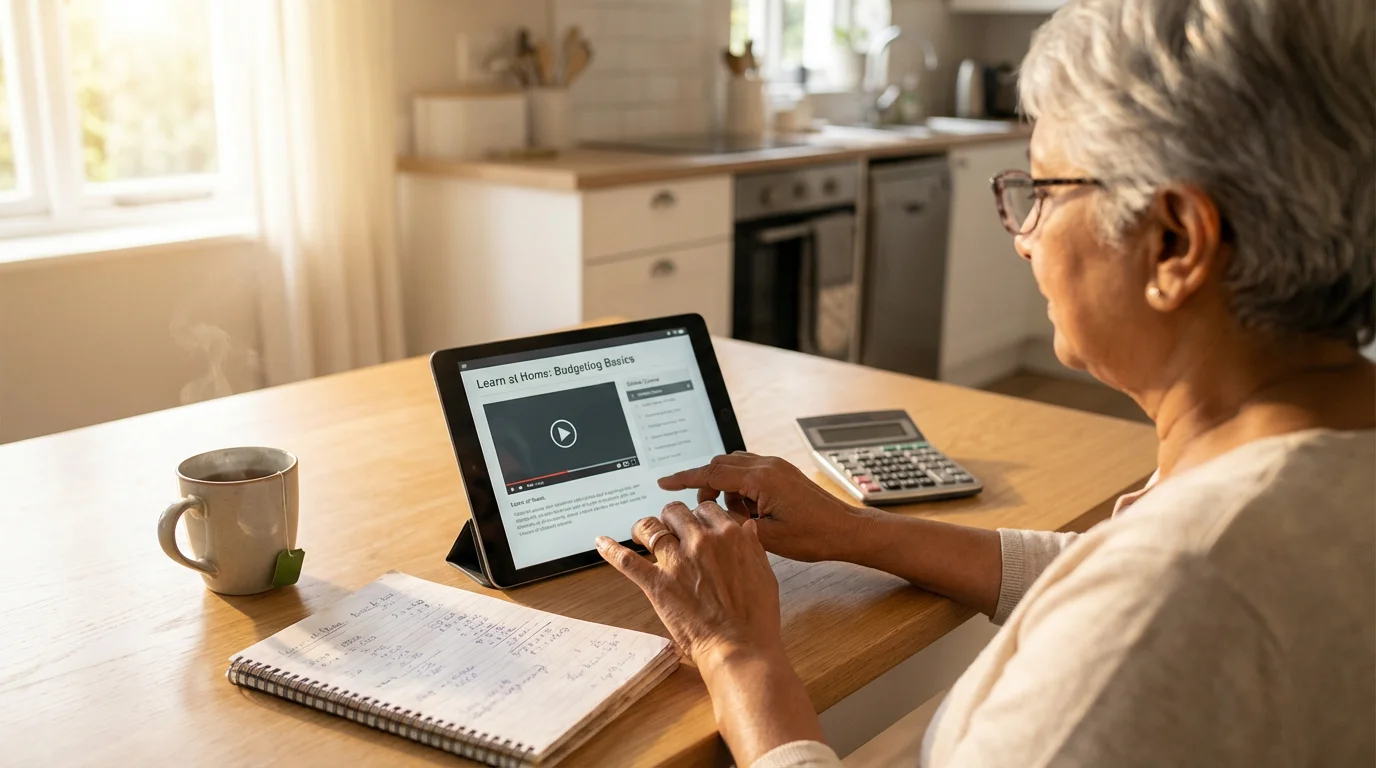 Over-the-shoulder view of a senior woman at her kitchen table using a tablet.
