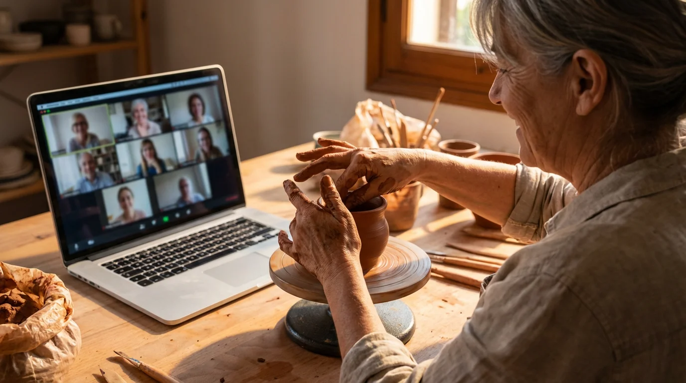 Over-the-shoulder view of a senior woman in a virtual pottery class on a laptop.