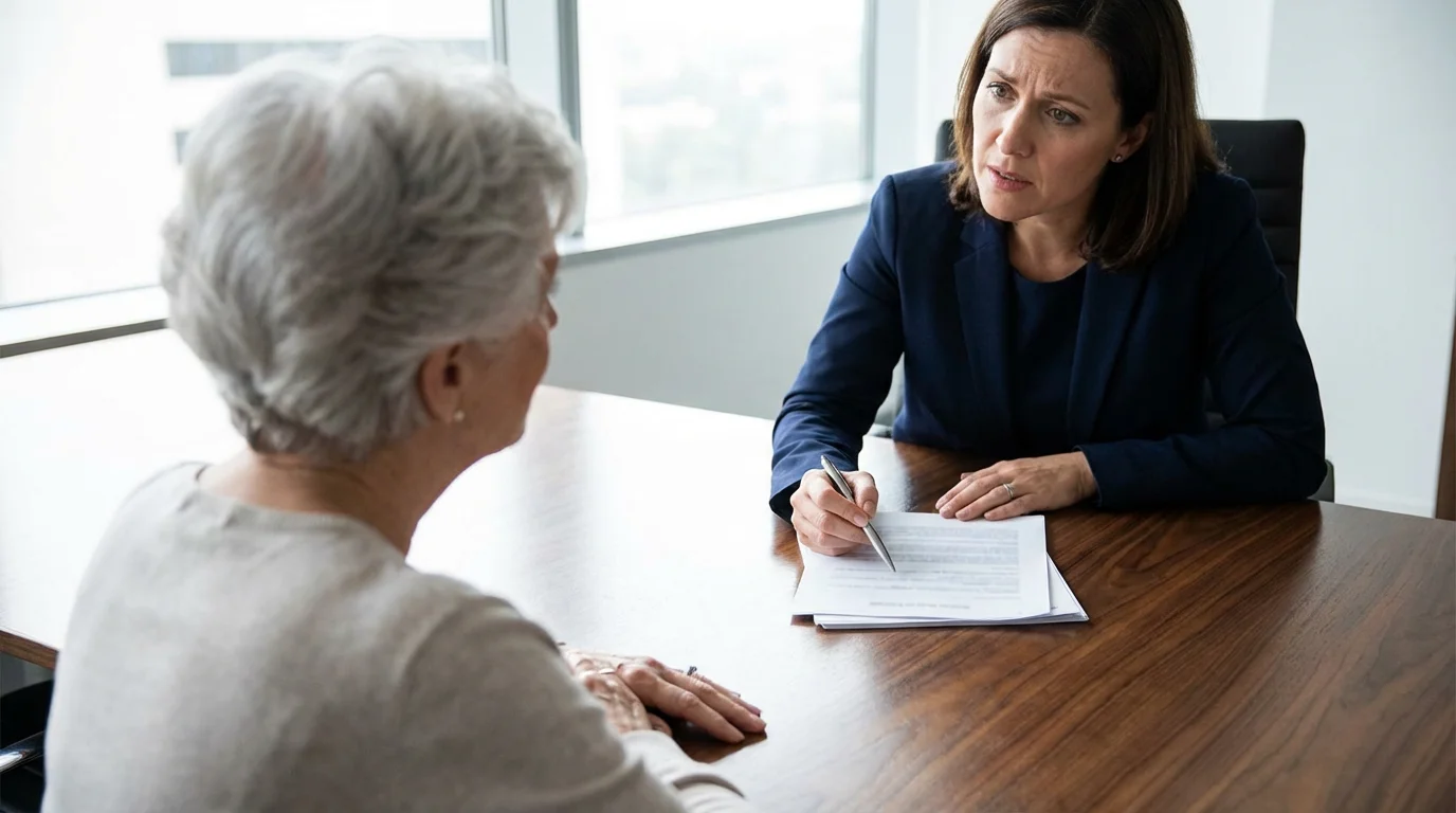 Over-the-shoulder view of a senior woman meeting with a female estate planning attorney.