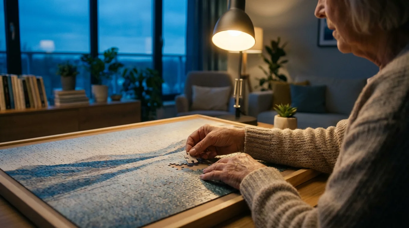 Over-the-shoulder view of a senior woman completing a jigsaw puzzle in the evening.