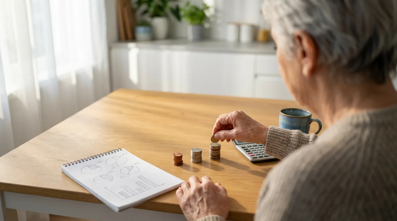 Over-the-shoulder view of a senior's hands arranging stacks of coins on a table.