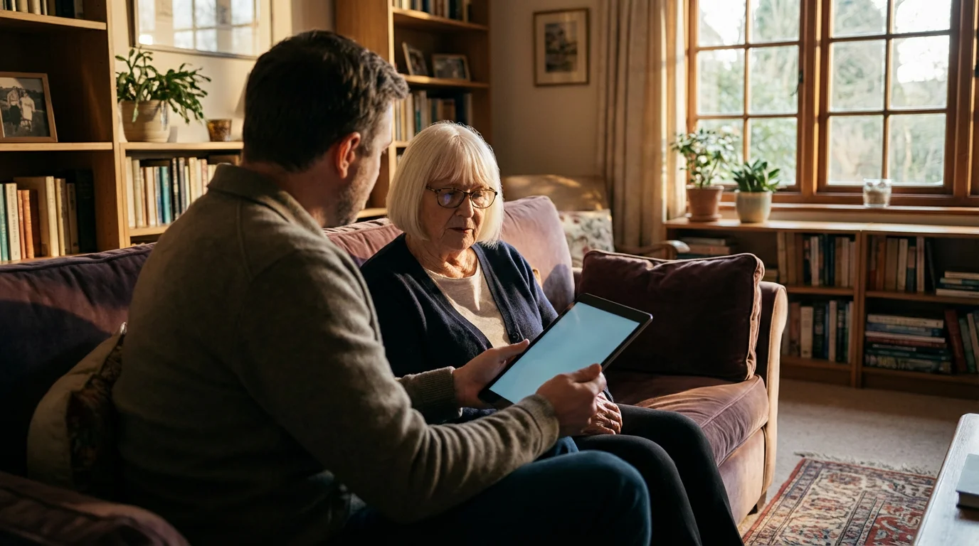 Over-the-shoulder view of a son and elderly mother looking at a tablet together.