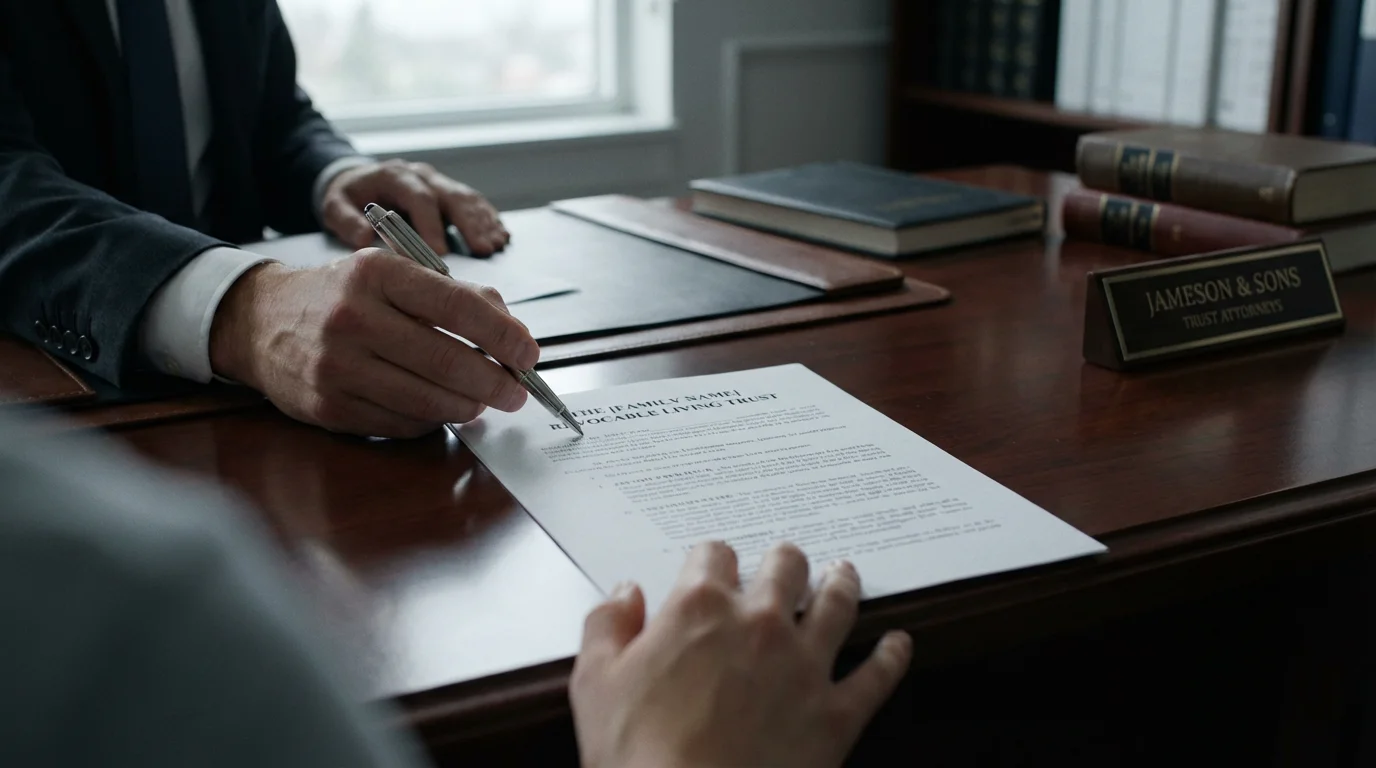 Over-the-shoulder view of a trust attorney pointing to a clause in a document.