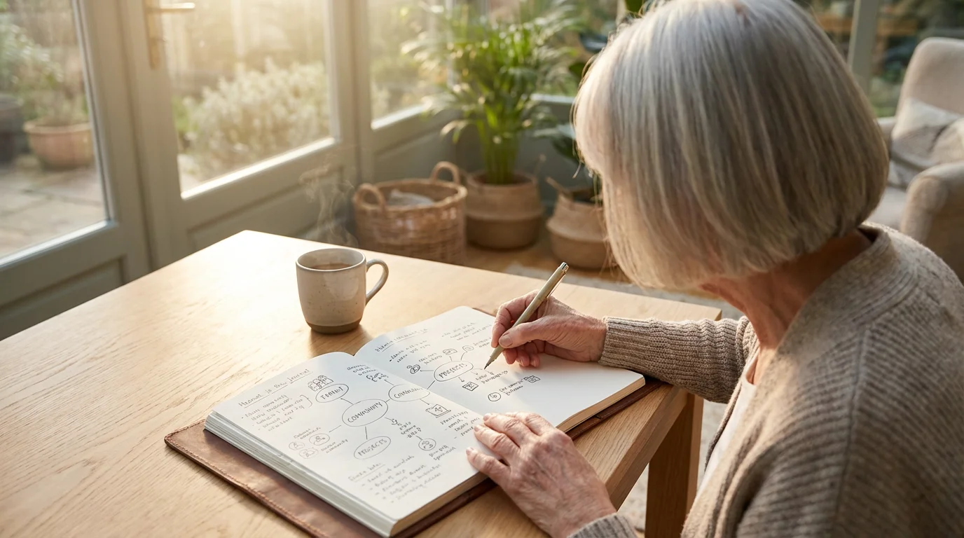 Over-the-shoulder view of a woman in her 60s writing in a journal at a sunlit desk.