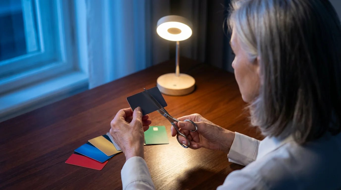 Over-the-shoulder view of a woman's hands preparing to cut a credit card with scissors.