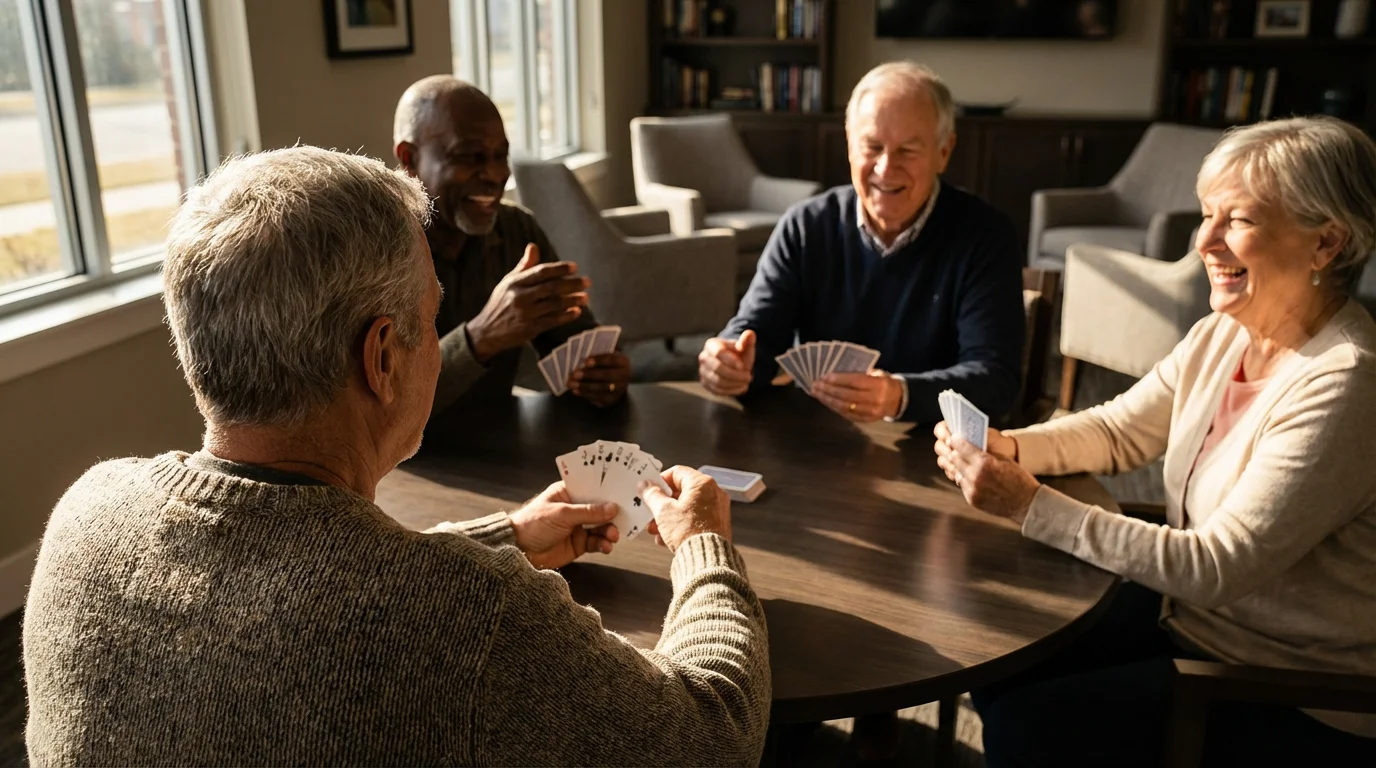 Over-the-shoulder view of active seniors playing a card game in a sunlit lounge.