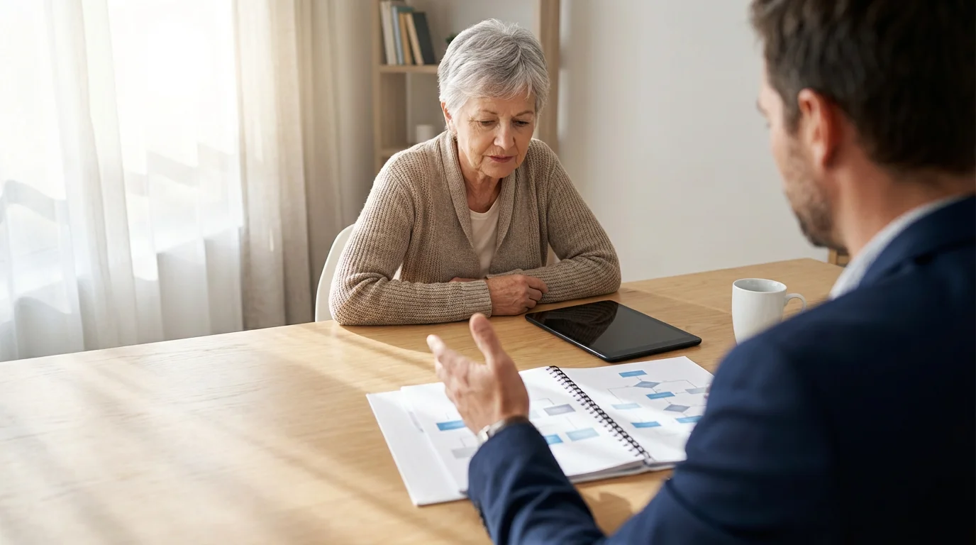 Over-the-shoulder view of an advisor meeting with a senior woman about estate planning documents.