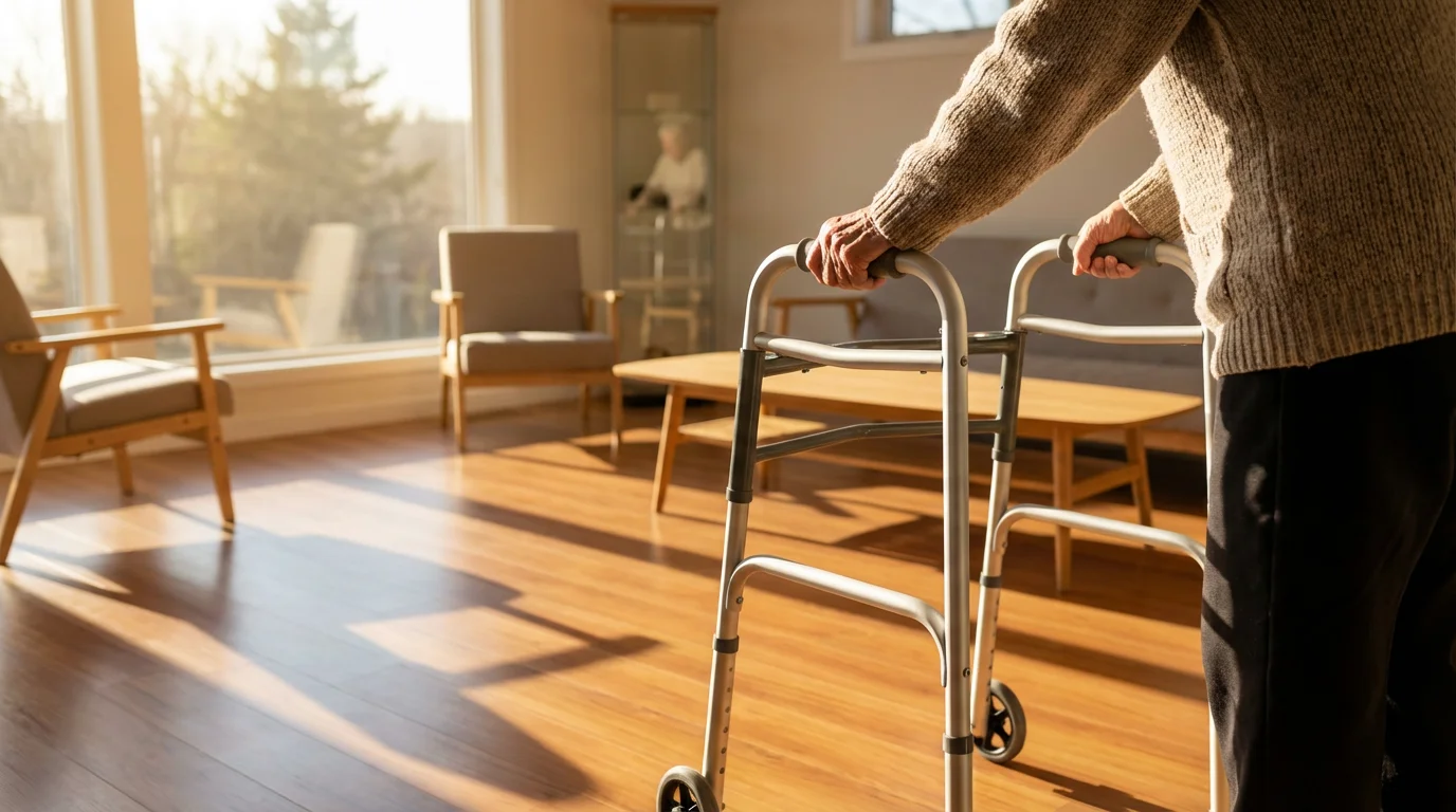 Over-the-shoulder view of an elderly person with a walker in an accessible ADU.