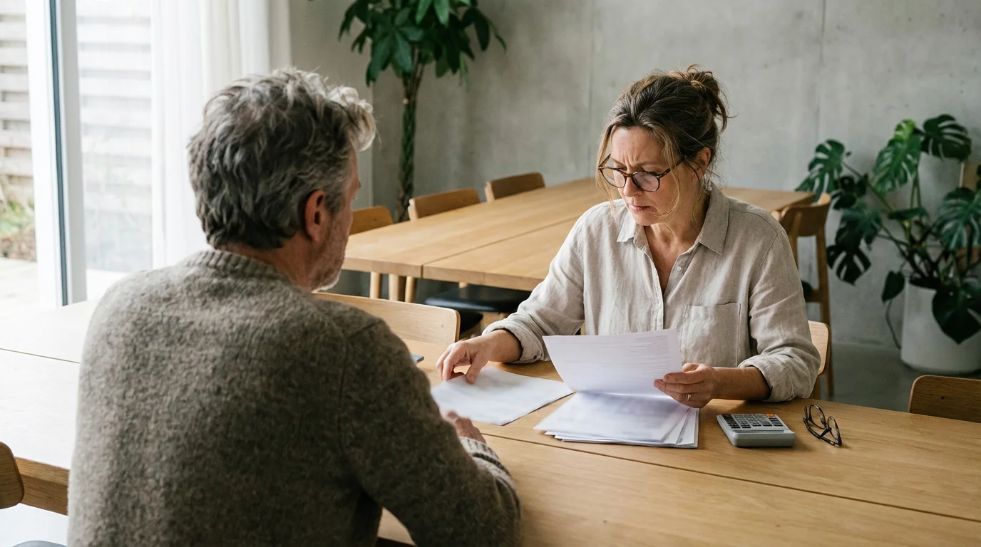 Over-the-shoulder view of an older couple at a table reviewing financial documents together.