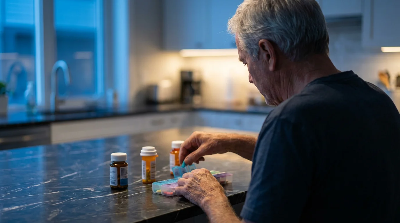 Over-the-shoulder view of an older man organizing prescription medications into a weekly pill planner.