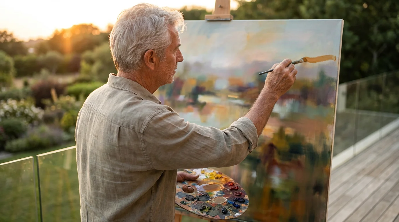 Over-the-shoulder view of an older man painting on a canvas during a golden sunset.