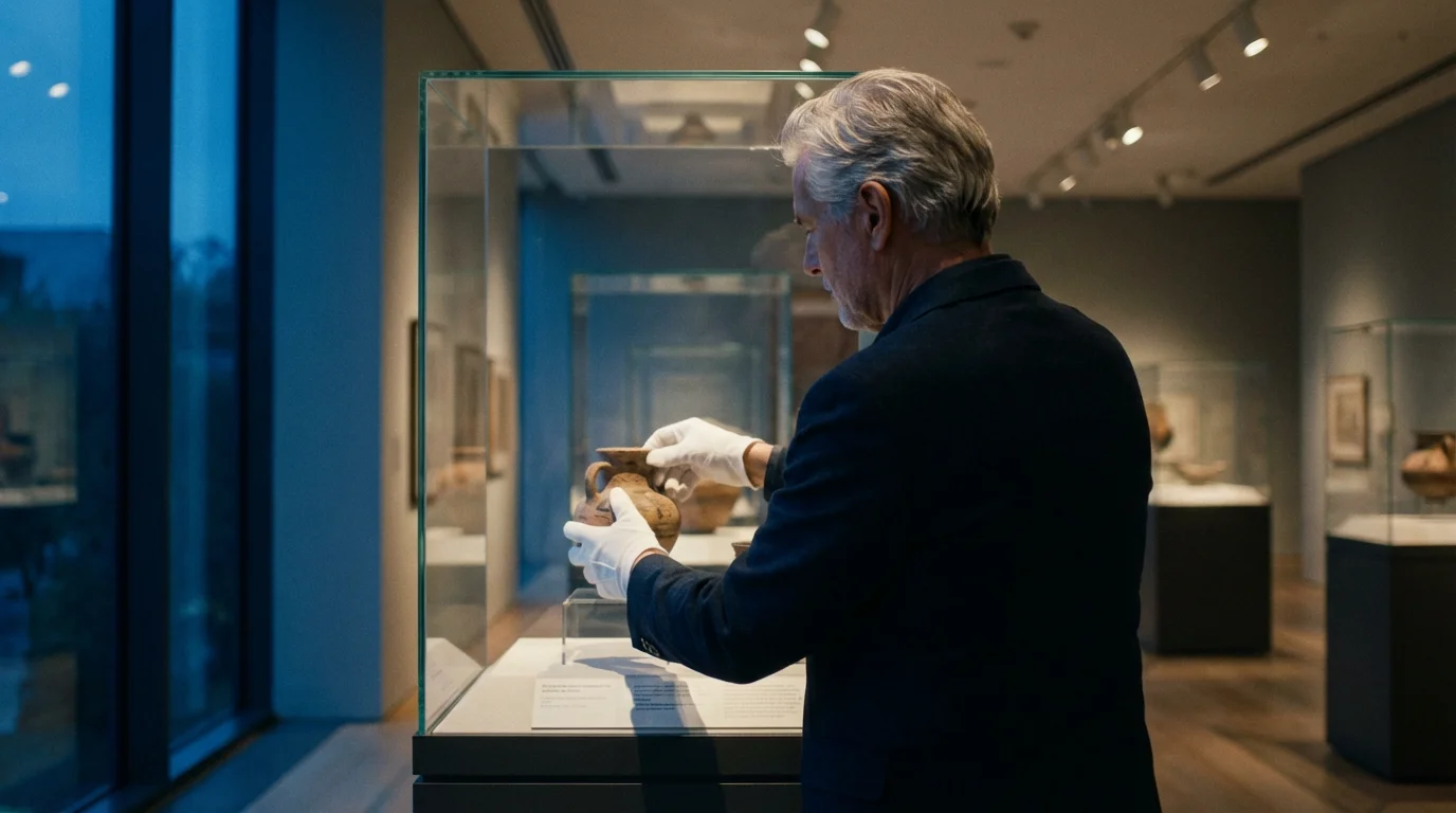 Over-the-shoulder view of an older man volunteering, arranging an artifact in a museum display.