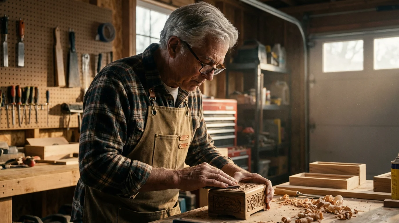Over-the-shoulder view of an older man woodworking in his sunlit workshop during the afternoon.