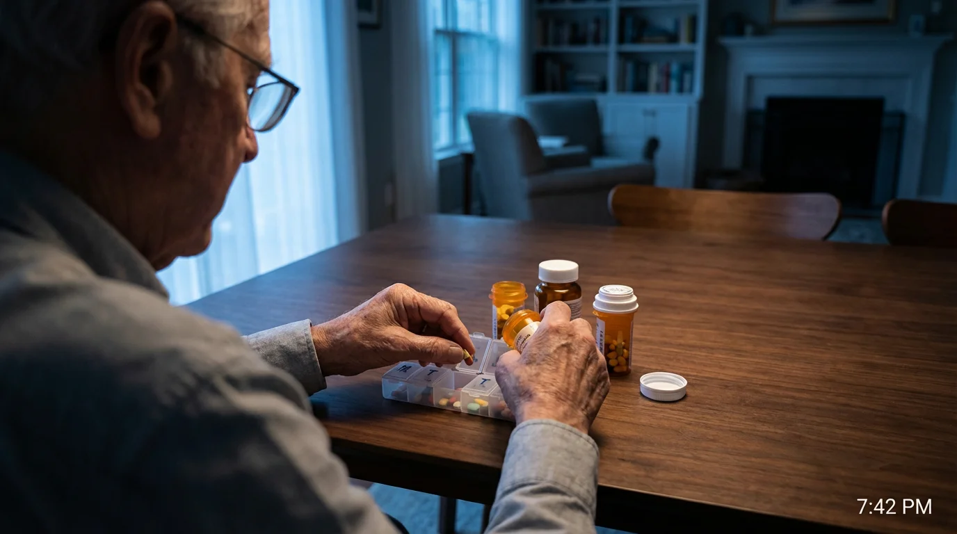 Over-the-shoulder view of an older person's hands organizing pills into a weekly dispenser.