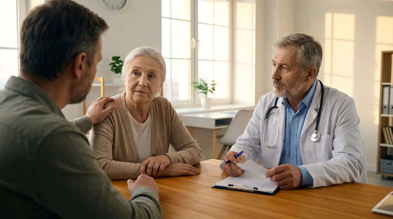Over-the-shoulder view of an older person and doctor discussing healthcare plans with family.
