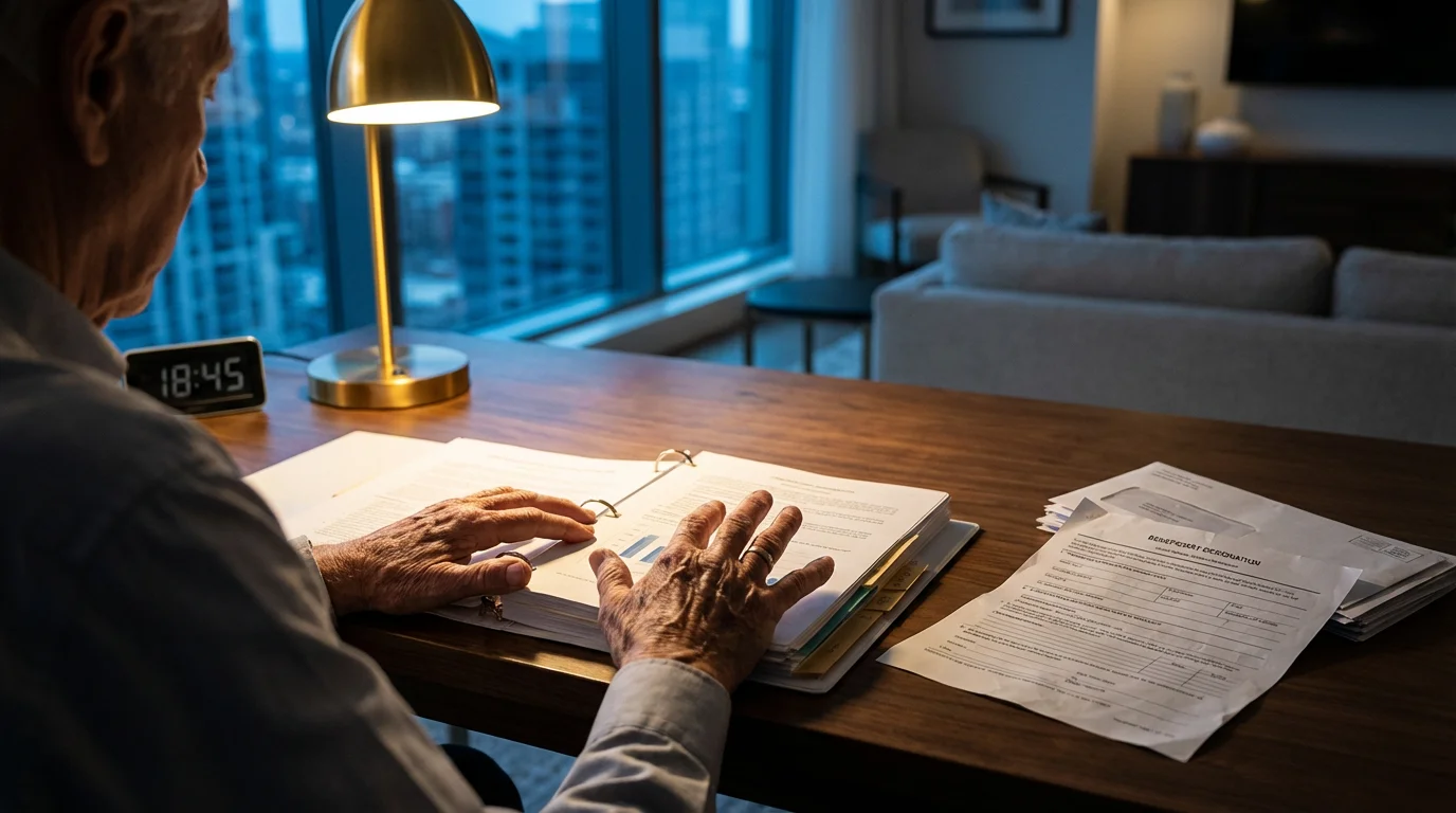 Over-the-shoulder view of an overlooked beneficiary form on a desk during blue hour.