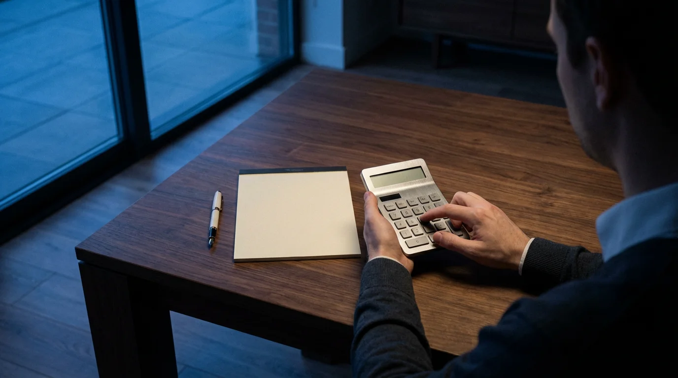 Over-the-shoulder view of hands using a calculator on a desk during blue hour.