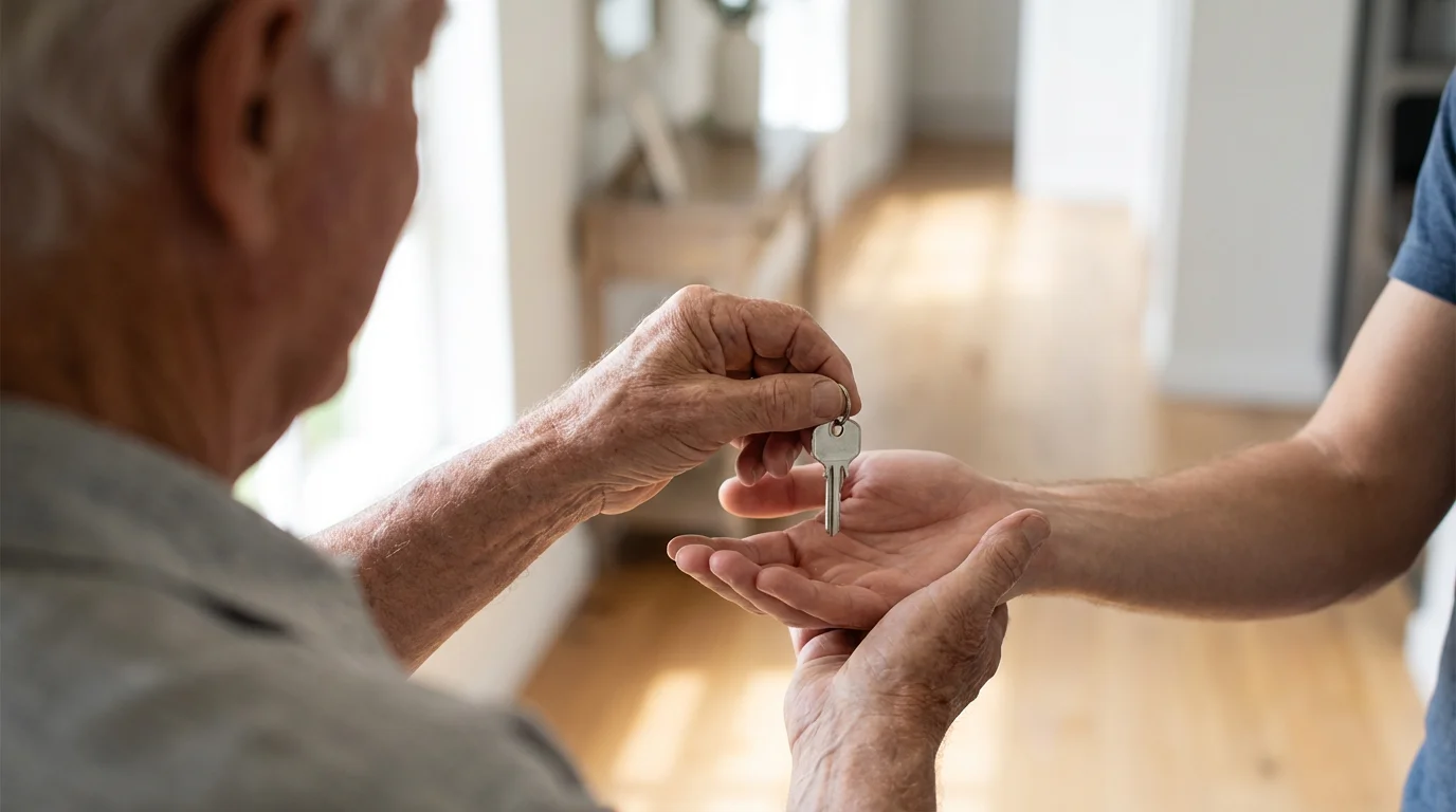 Over-the-shoulder view of older hands giving a modern house key to younger hands.