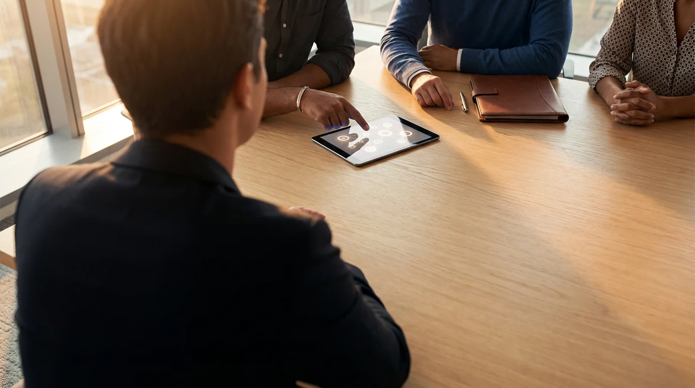 Over-the-shoulder view of professionals in a meeting with a tablet on a wooden table.