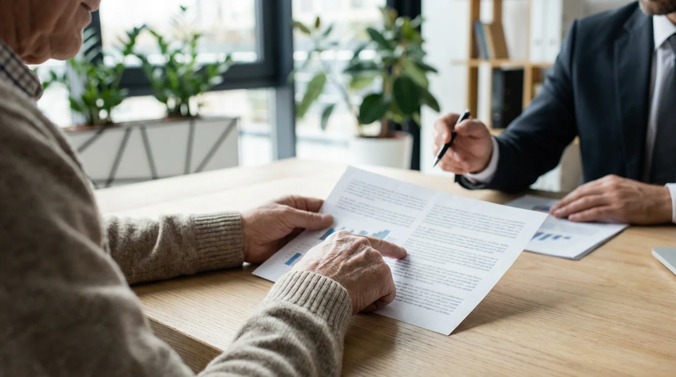 Over-the-shoulder view of two people reviewing financial documents with charts on a desk.