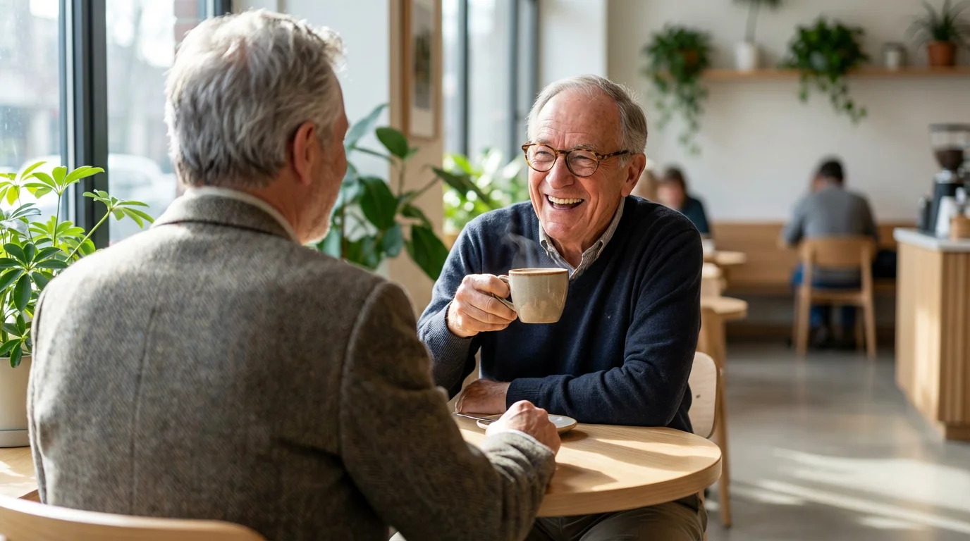 Over-the-shoulder view of two senior men enjoying a heartfelt conversation over coffee in a cafe.