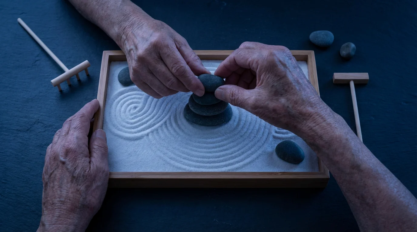Overhead view of elderly hands carefully stacking smooth stones in a small Zen garden.