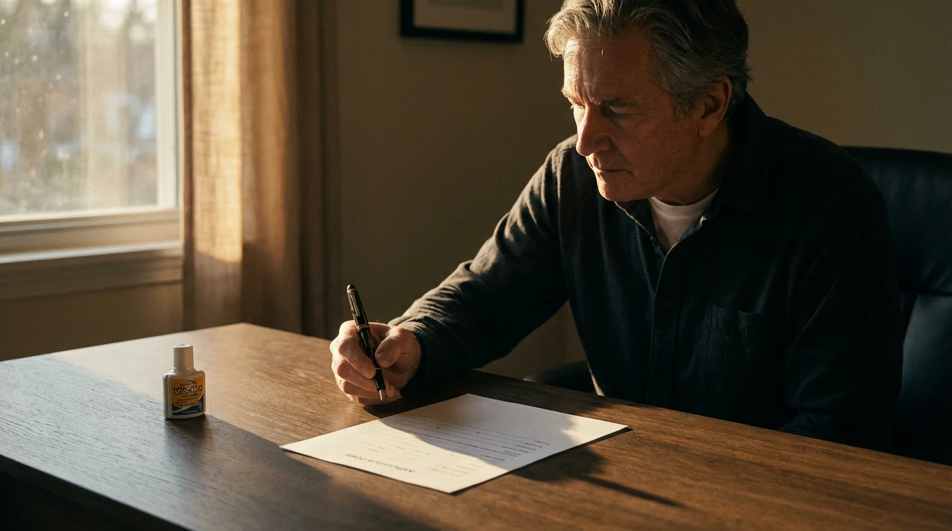 Person at a desk hesitating before signing a form, symbolizing changing their mind.