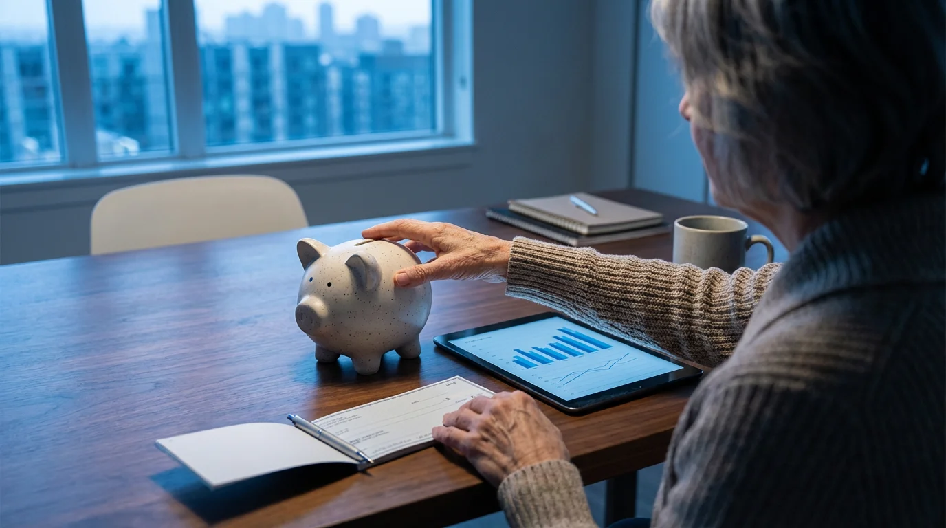Person at a table planning finances using a piggy bank and tablet at dusk.
