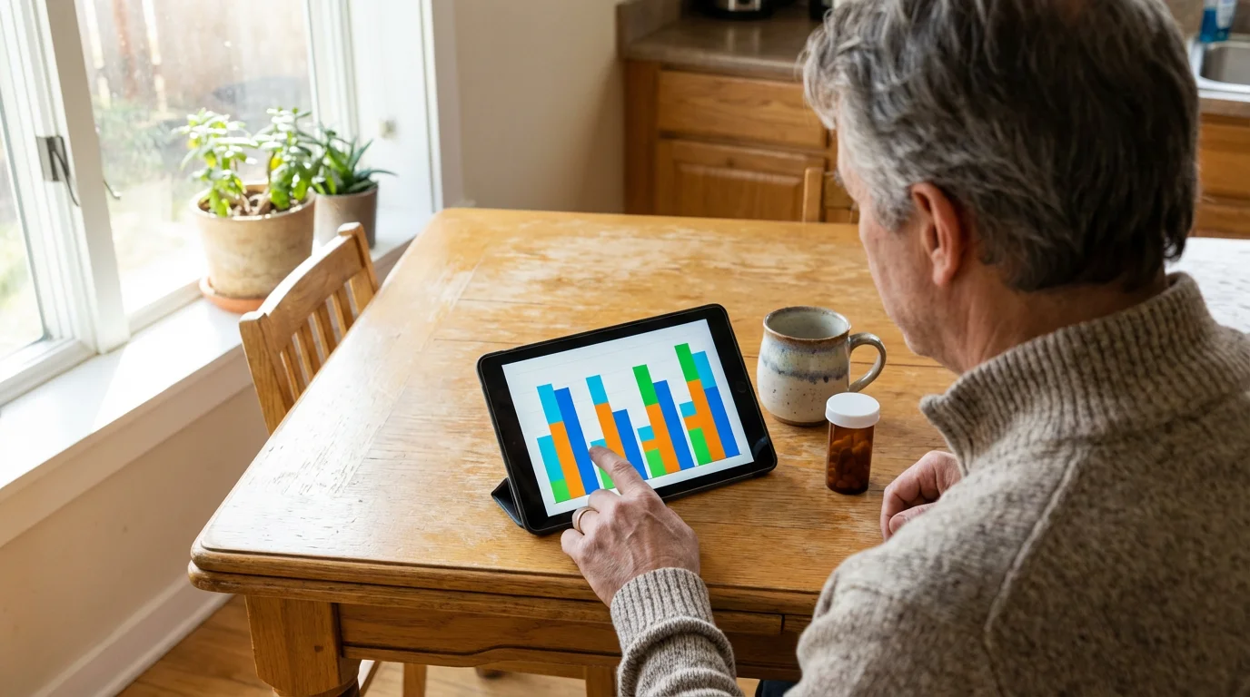 Person at a table using a tablet to review a simple financial bar graph.