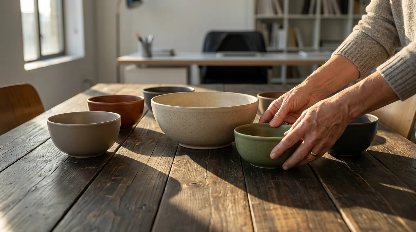 Person's hands arranging various modern ceramic bowls on a table with long afternoon shadows.