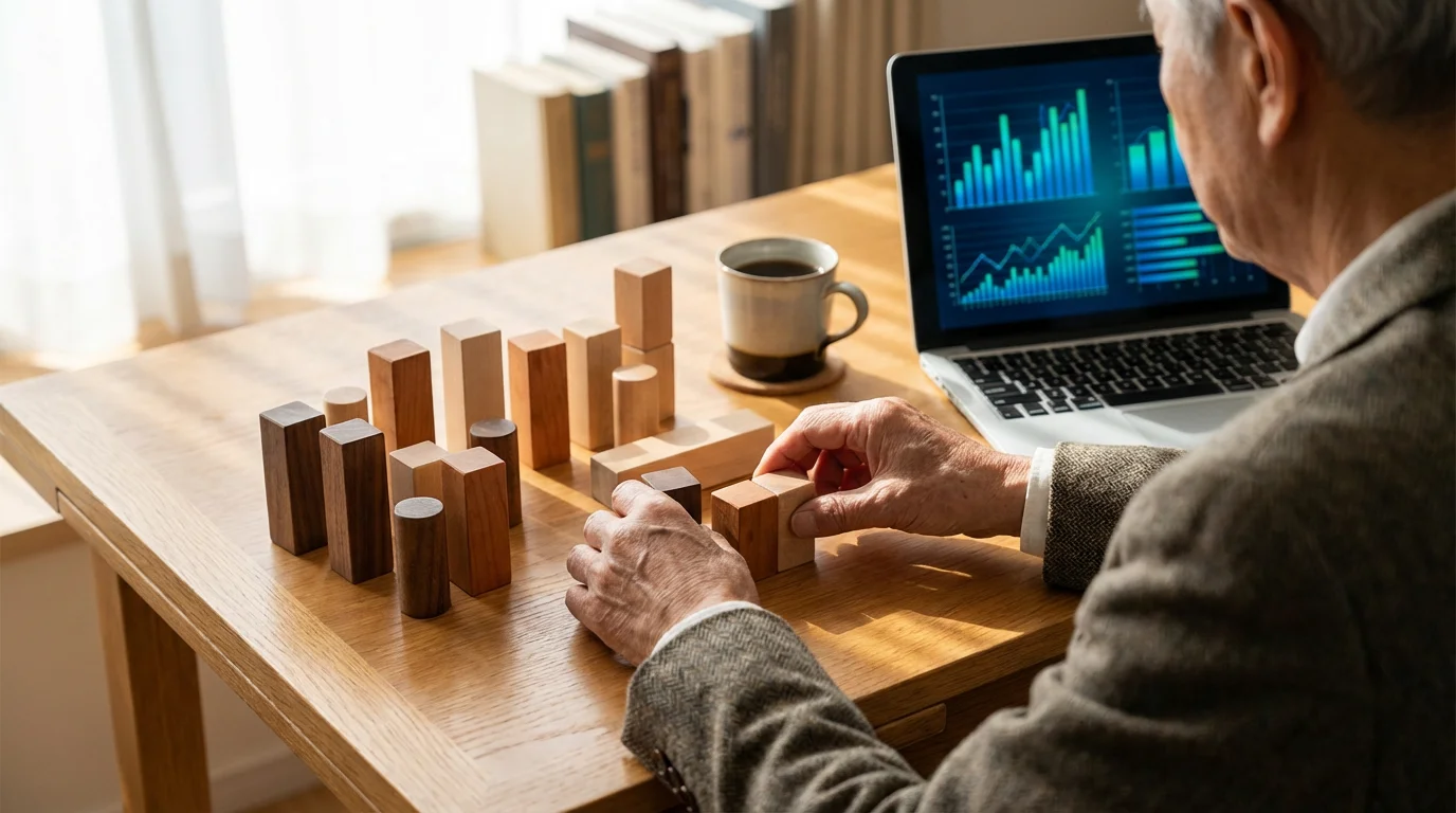 Person's hands arranging wooden blocks next to a laptop, representing retirement portfolio building.