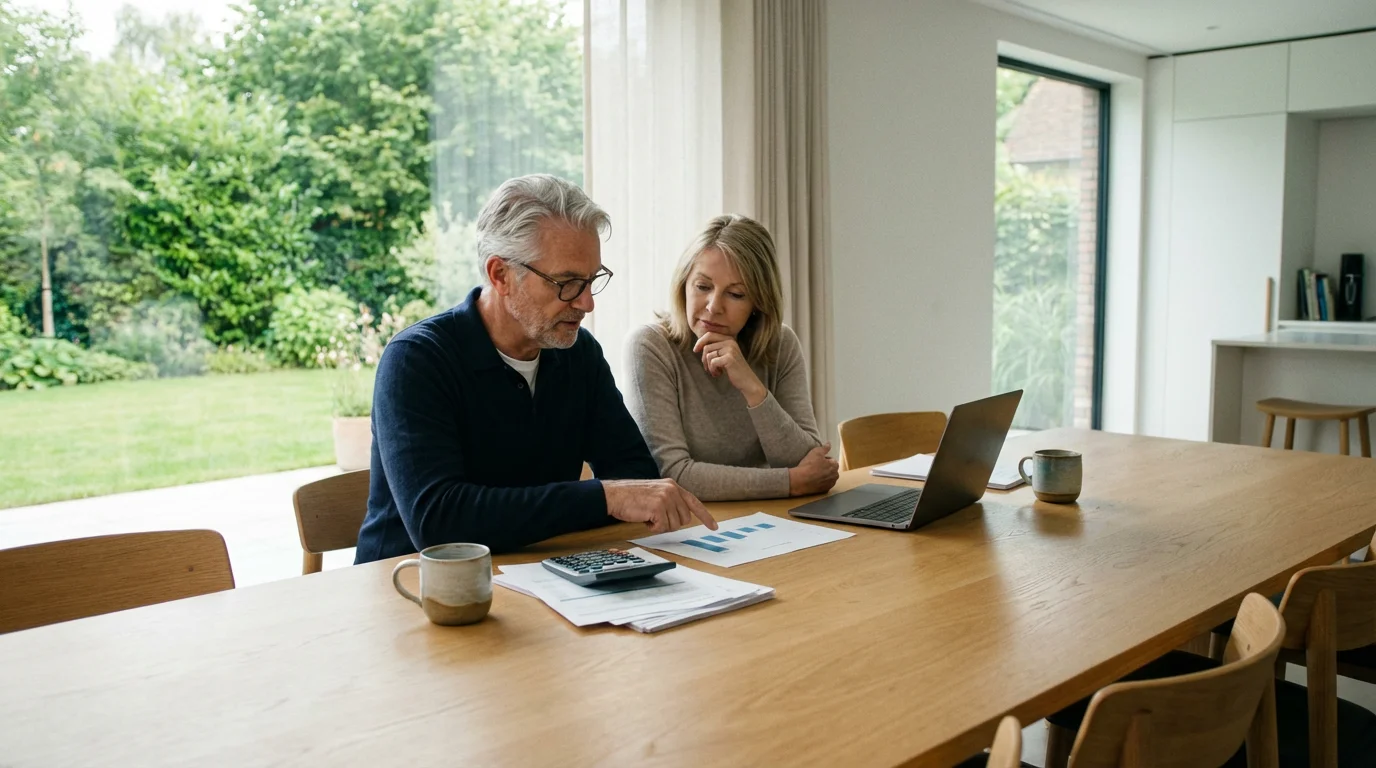 Retired couple reviewing financial documents at a table in a bright, modern home.