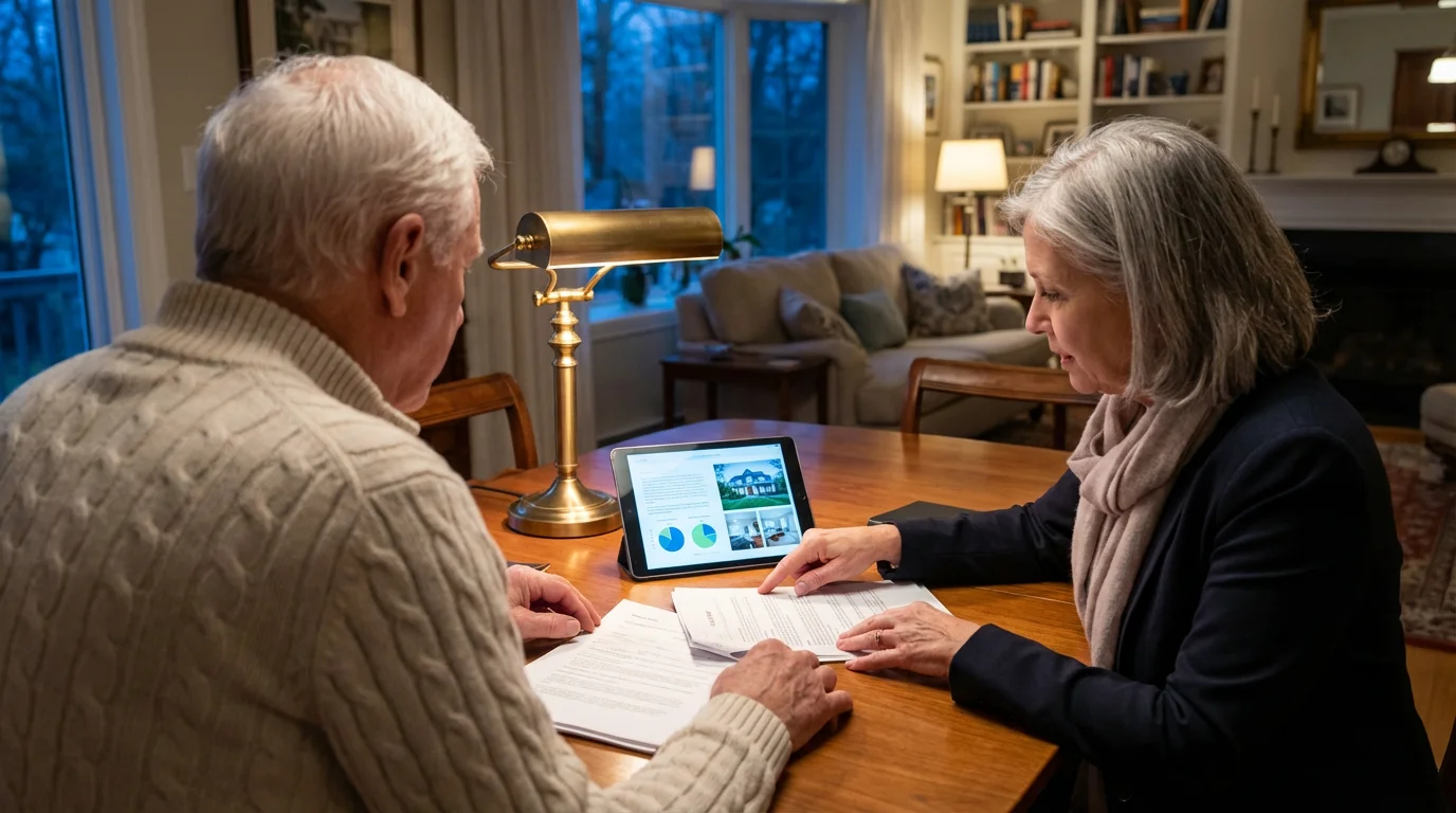 Senior couple at a table reviewing home valuation documents with a real estate agent.