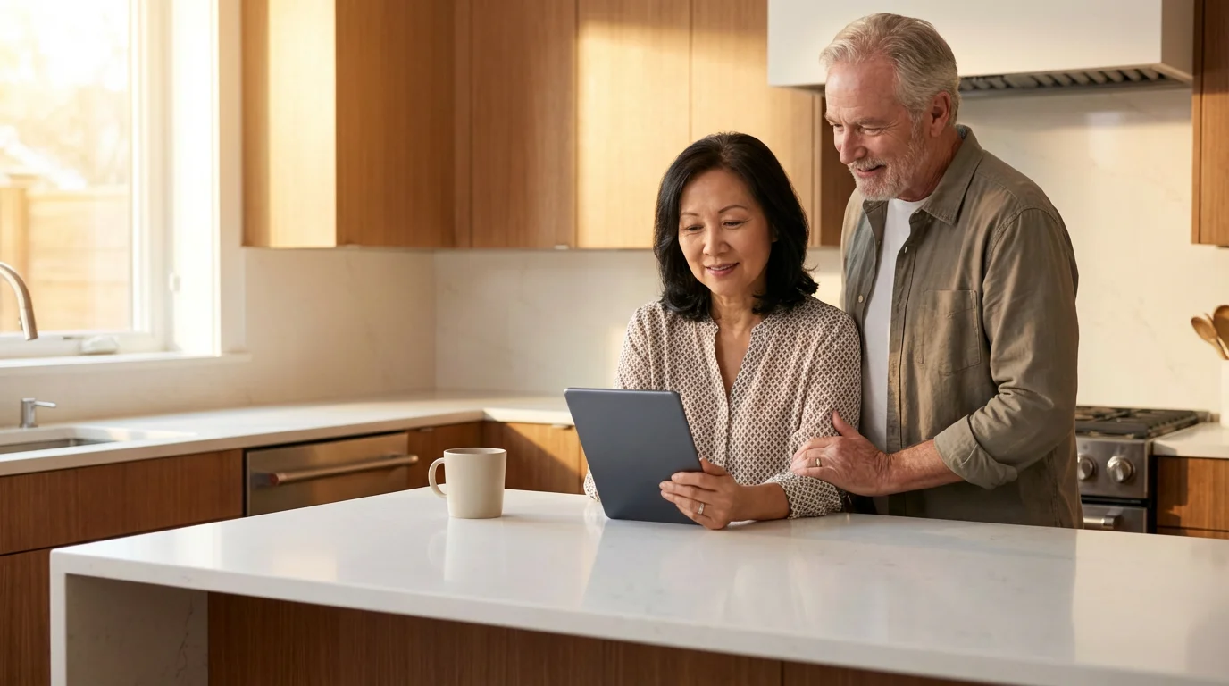 Senior couple calmly reviewing finances on a tablet in a sunny modern kitchen.