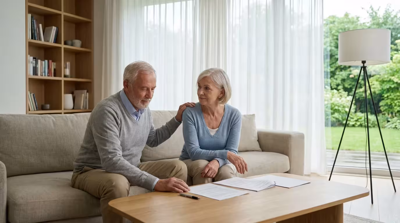 Senior couple calmly reviewing financial documents in their bright, modern living room at home.
