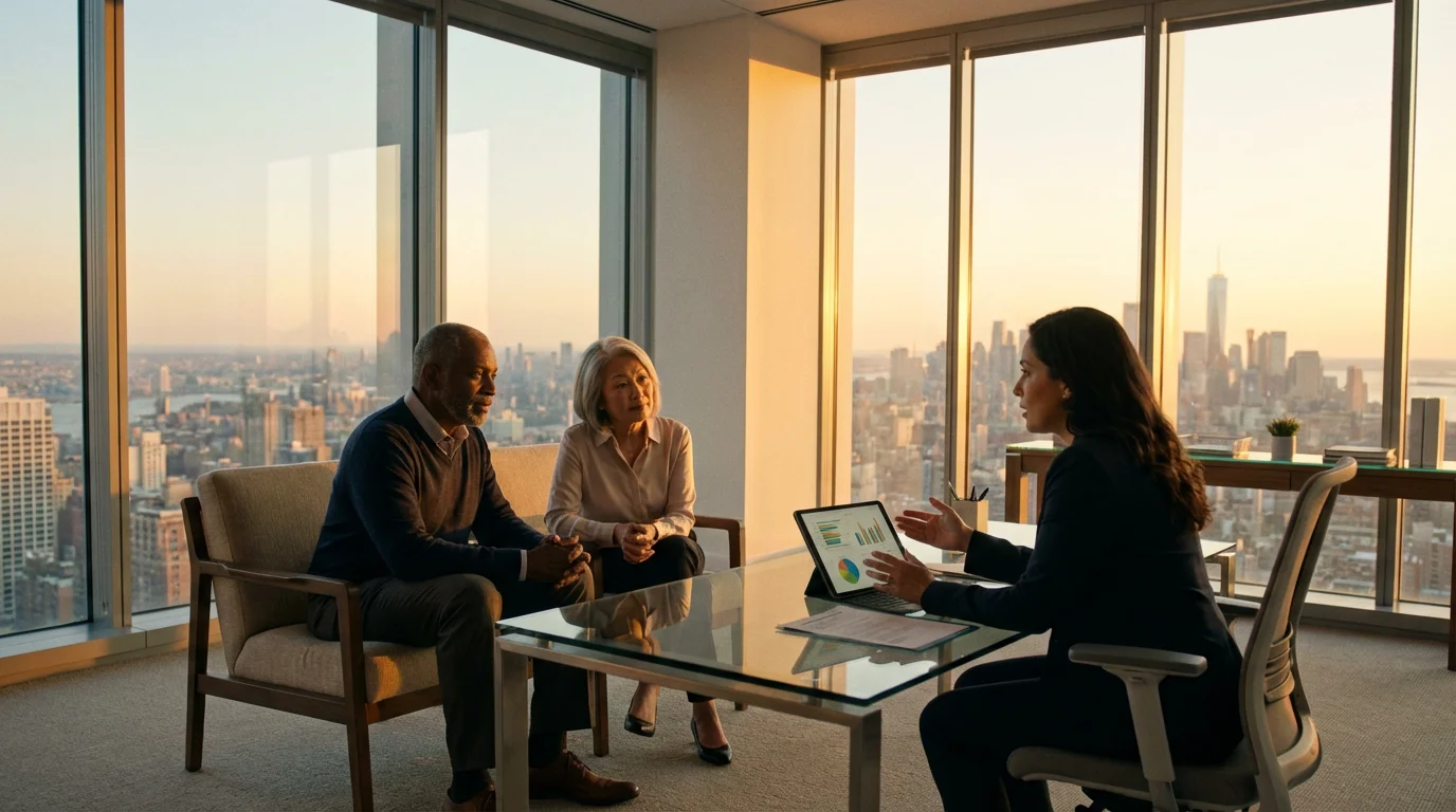 Senior couple discussing retirement housing finance with an advisor in a city office.