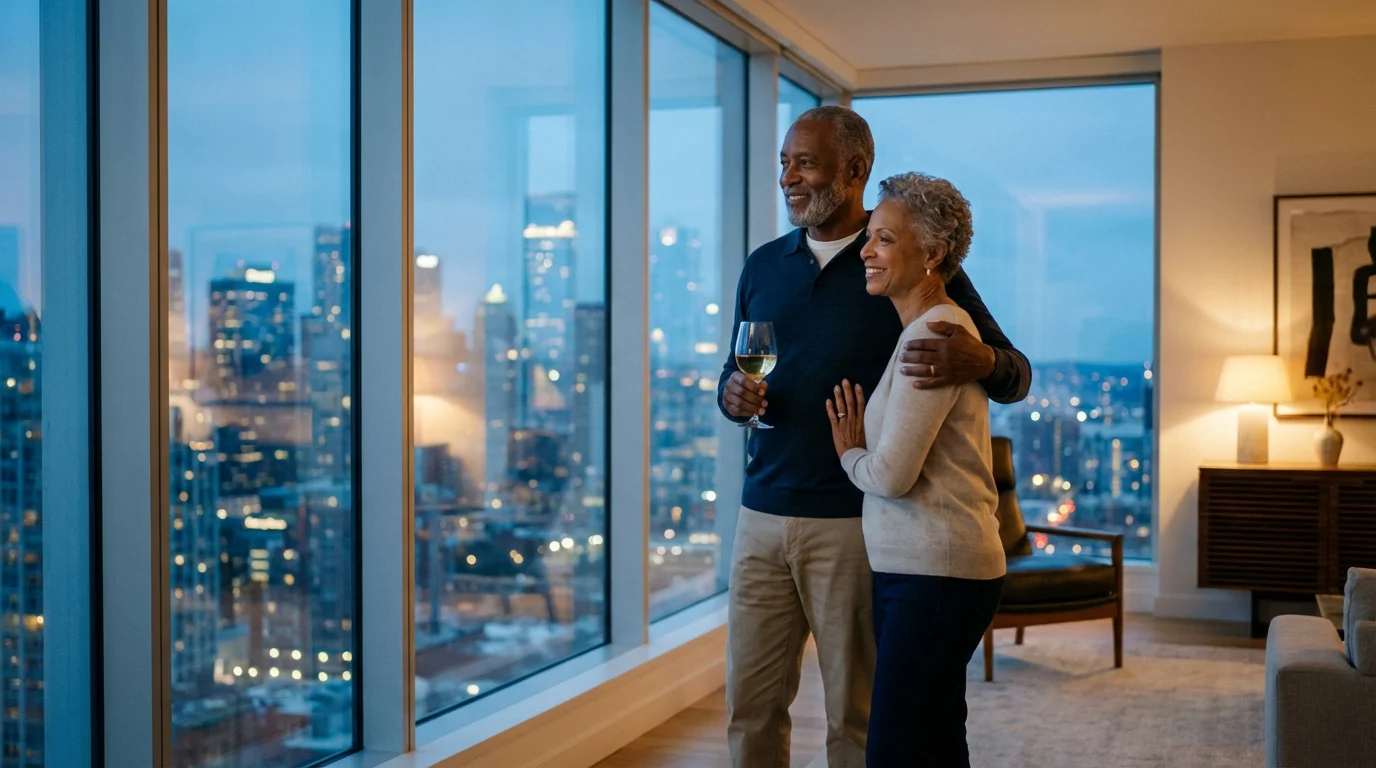 Senior couple enjoying the city view from their modern retirement rental apartment at dusk.