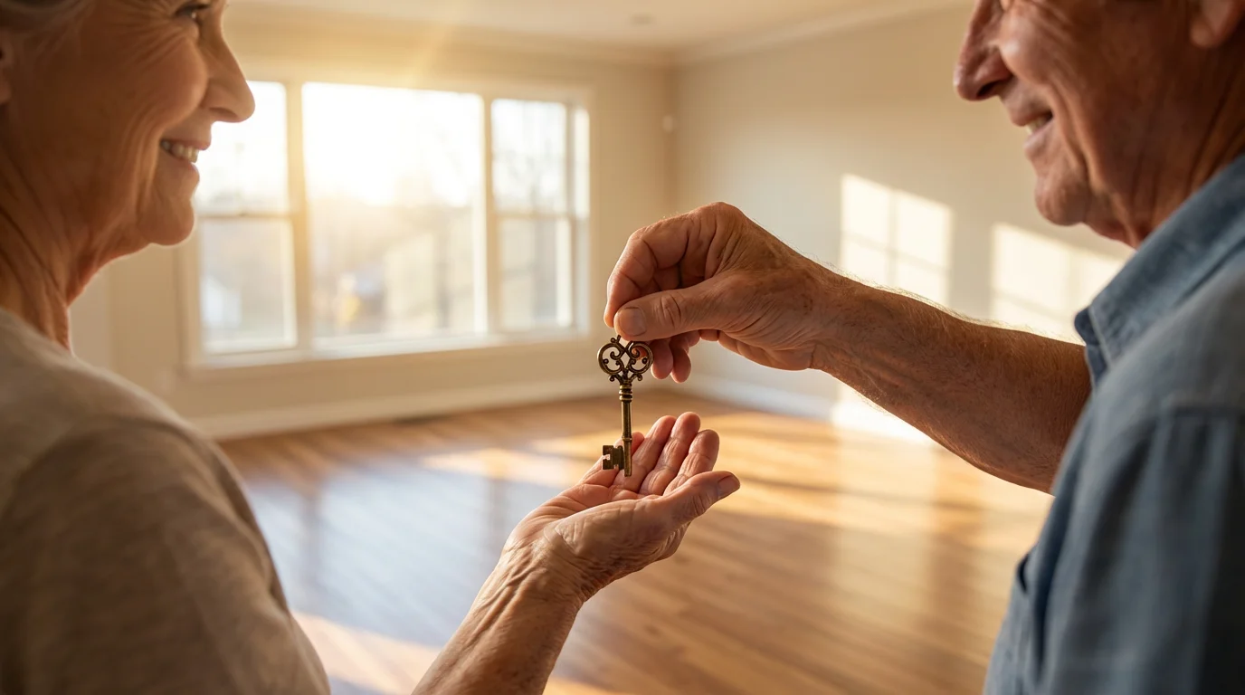 Senior couple exchanging a house key in a sunlit room, signifying a successful sale.