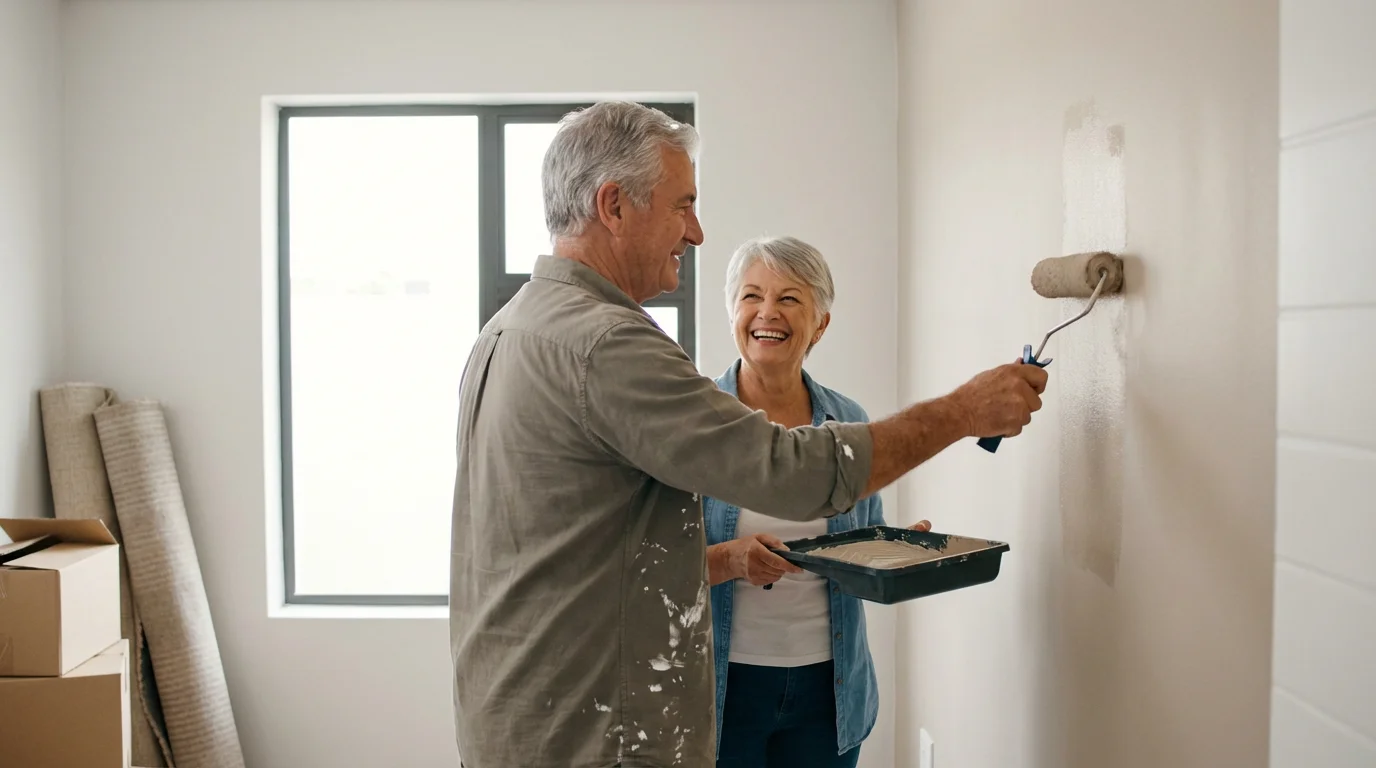 Senior couple happily painting an interior wall in their home, preparing it for sale.