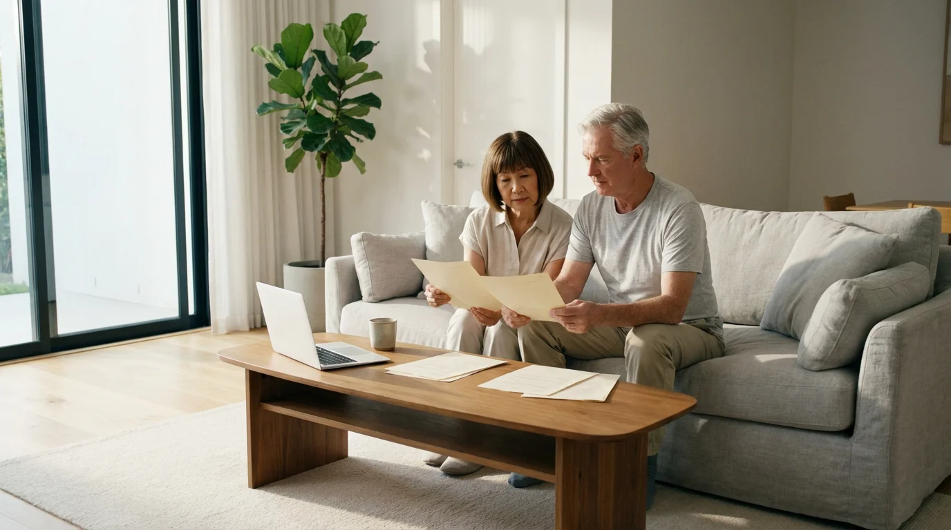 Senior couple in a bright living room reviewing documents for healthcare planning.