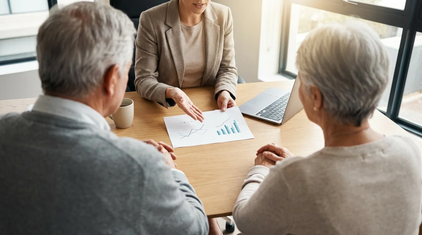 Senior couple in a financial planning meeting with a professional advisor in a bright office.