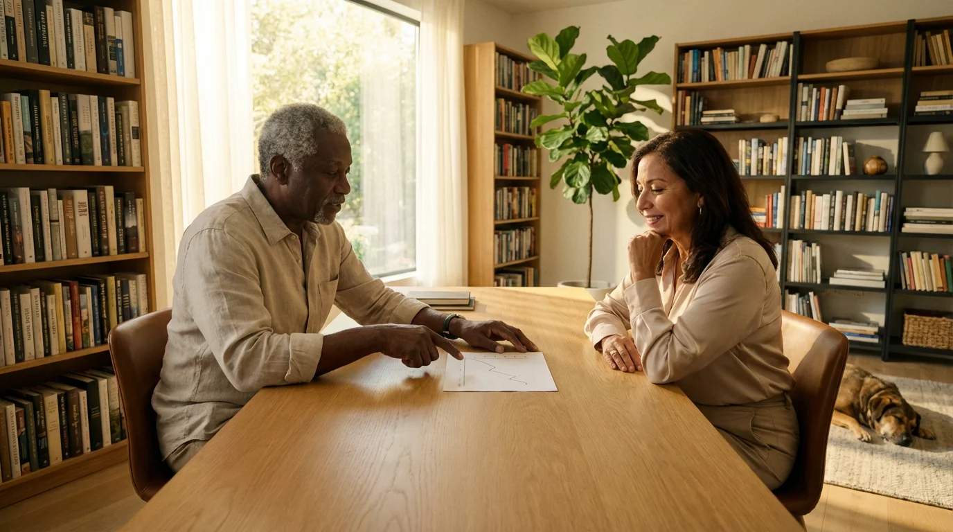Senior couple in a modern home library planning their retirement and healthcare finances.