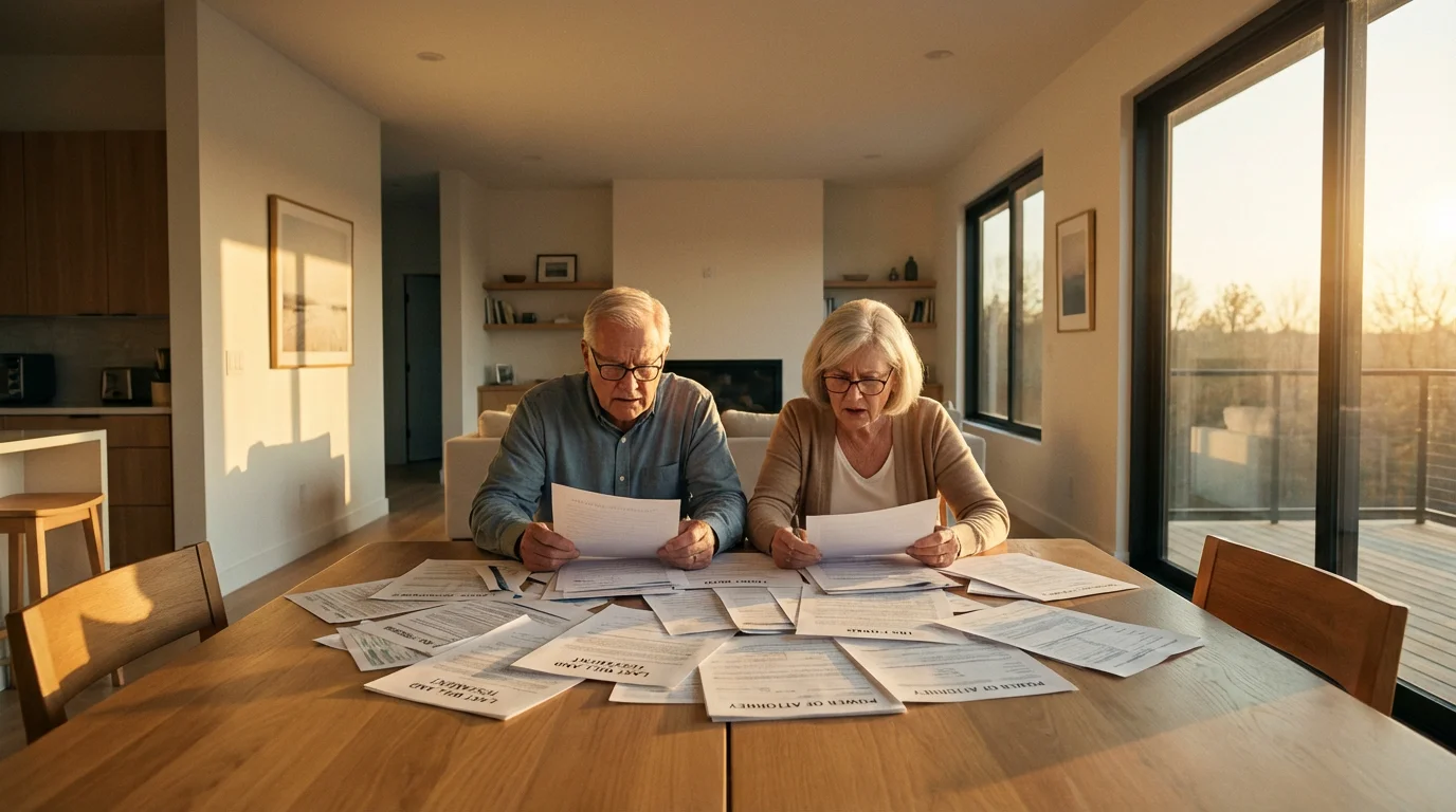 Senior couple looking confused while attempting to do their own DIY estate planning paperwork.