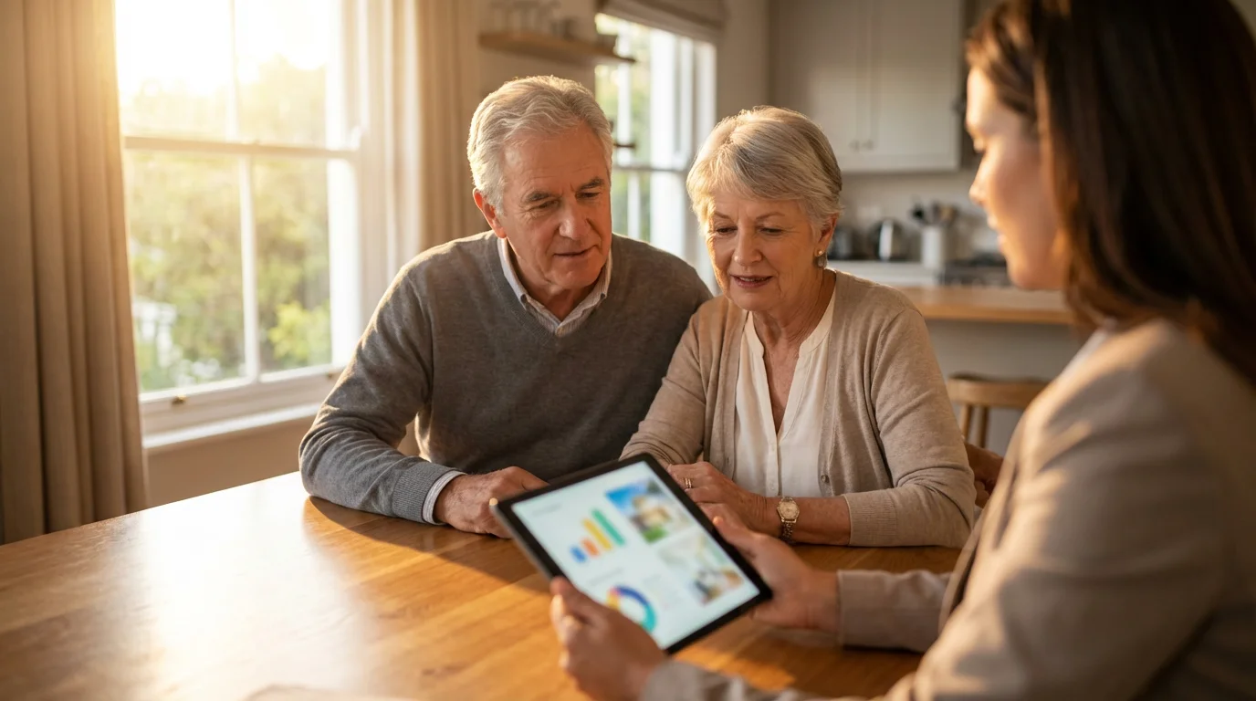 Senior couple meeting with a real estate agent at a sunlit table, looking at a tablet.